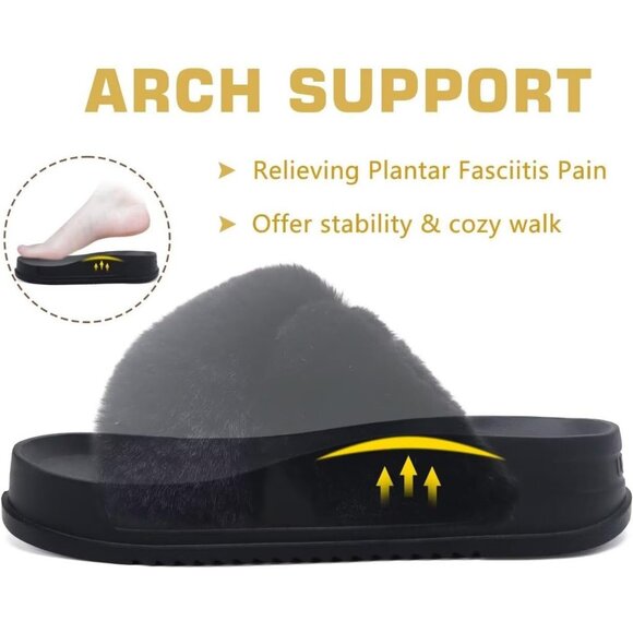 Women's Fuzzy Faux Rabbit Furry Fur Cross Band Arch Open Black Slippers Shoes - Picture 3 of 8